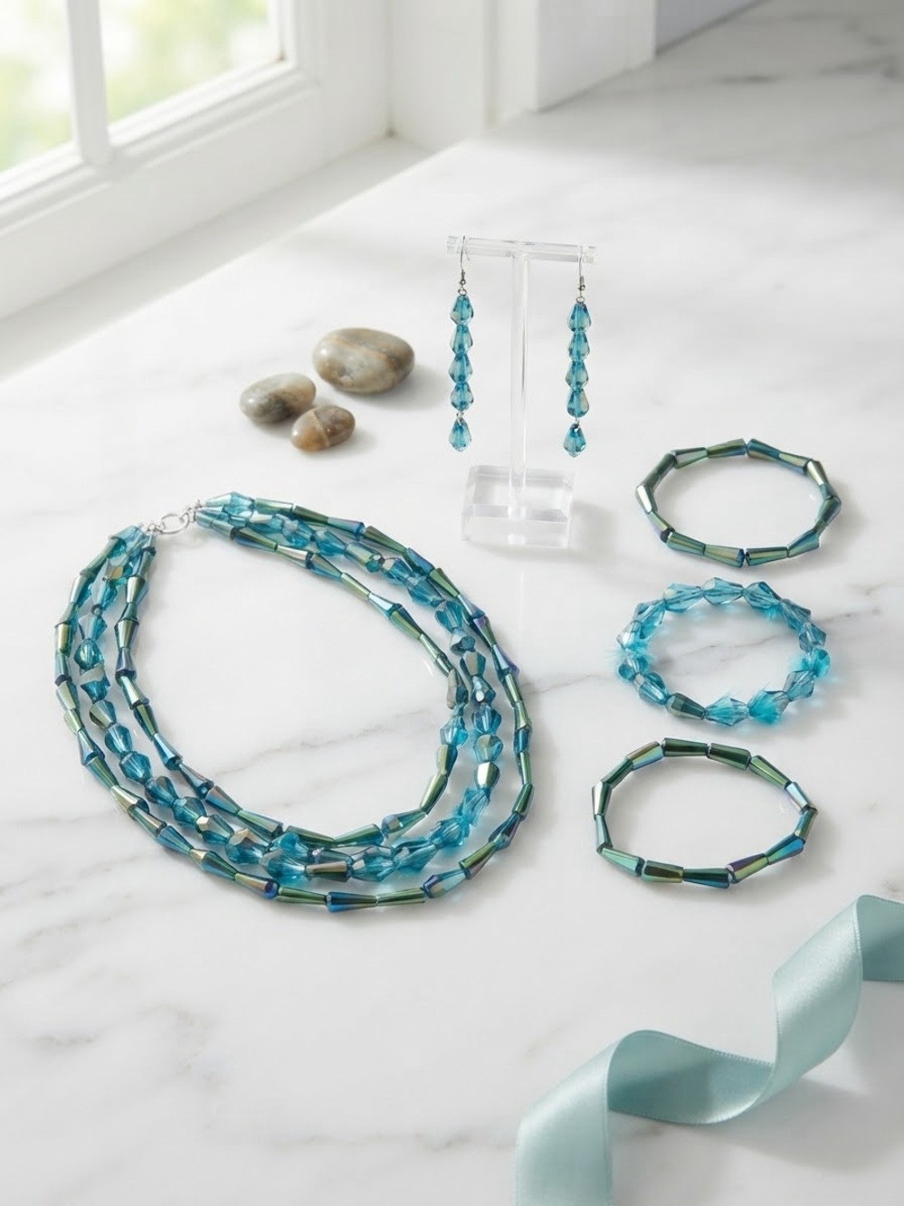 Iridescent Blue Teal Crystal Helix Beaded Jewelry Set necklace earrings